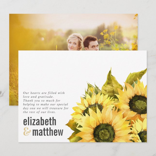 Rustikales Sonnenblumen-Foto | Hochzeit Dankeskarte (Vorne/Hinten)