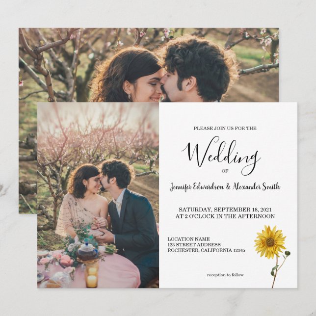 Rustikales Sonnenblumen Foto Land Hochzeit Invi Einladung (Vorne/Hinten)