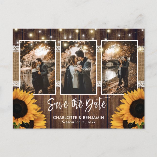 Rustikales Sonnenblumen-Foto Save the Date Ankündigungspostkarte (Vorderseite)