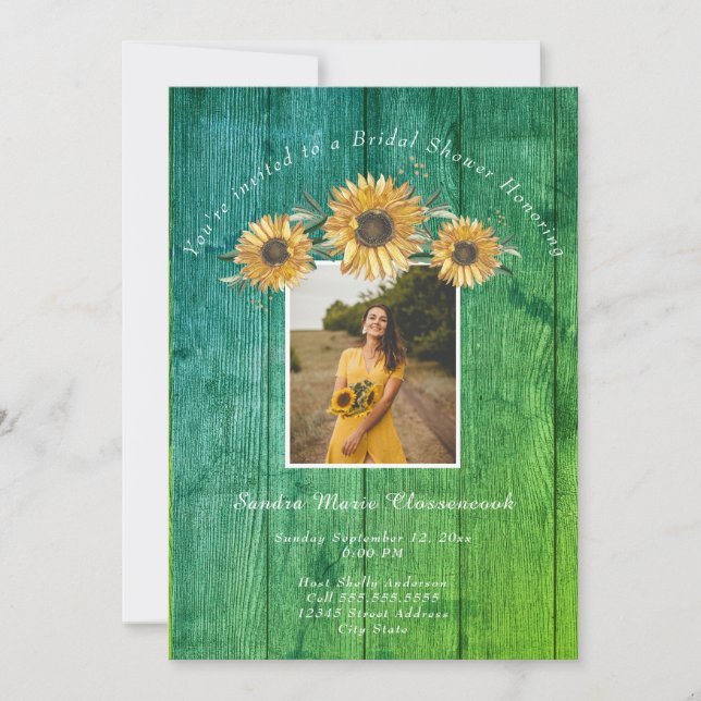 Rustikales Sonnenblumen Grünes Holz Hochzeitsstich Einladung (Vorderseite)