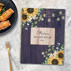 Rustikales Sonnenblumen-Holz-Lichterketten-Rezeptb Notizbuch
