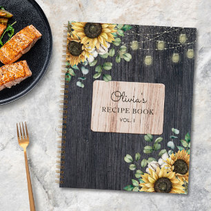 Rustikales Sonnenblumen-Holz-Lichterketten-Rezeptb Notizbuch
