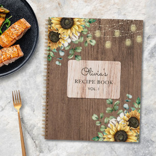 Rustikales Sonnenblumen-Holz-Lichterketten-Rezeptb Notizbuch