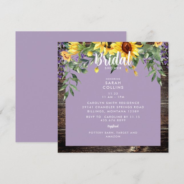 Rustikales Sonnenblumen-Lavendel-Brautparty Einladung (Vorne/Hinten)