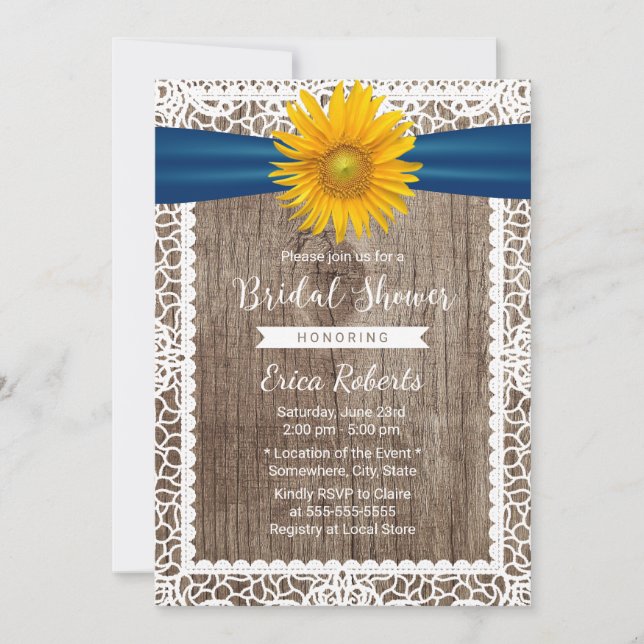 Rustikales Sonnenblumen Ribbon Laked Wood Brautpar Einladung (Vorderseite)