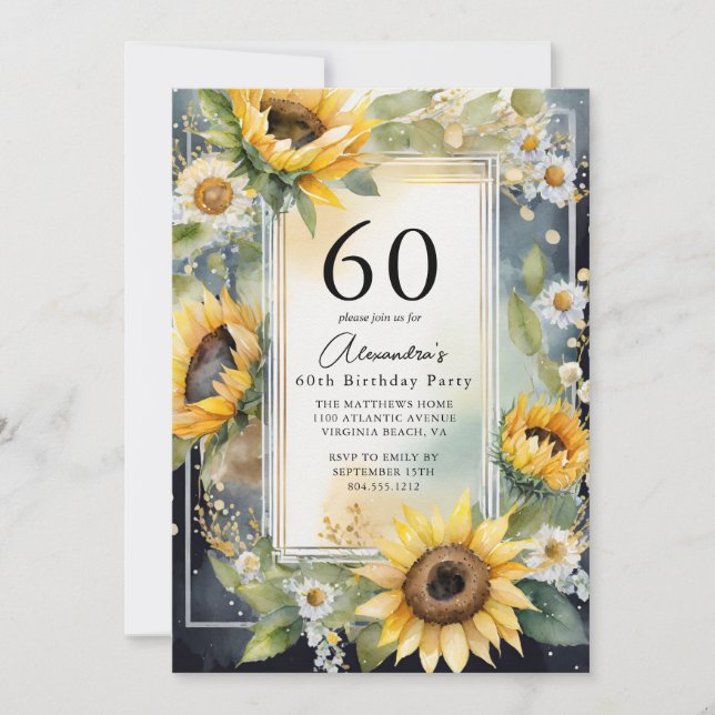 Rustikales Sonnenblumen-Script 60. Geburtstag Einladung (Vorderseite)