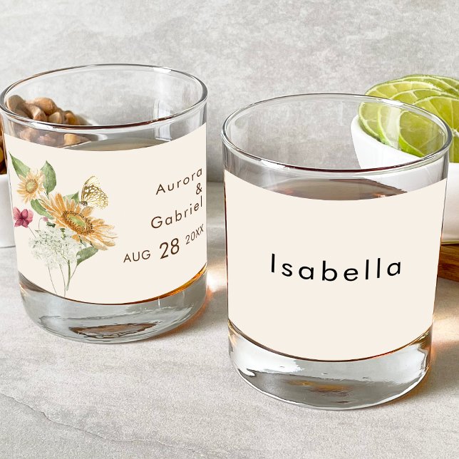 Rustikales Sonnenblumenbeige Hochzeitssemble Braut Whiskyglas (Von Creator hochgeladen)