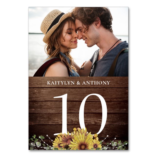 Rustikales Sonnenblumenholz-Foto Tischnummer (Vorderseite)