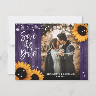 Rustikales Sonnenblumenholz Lila HochzeitsFoto Save The Date