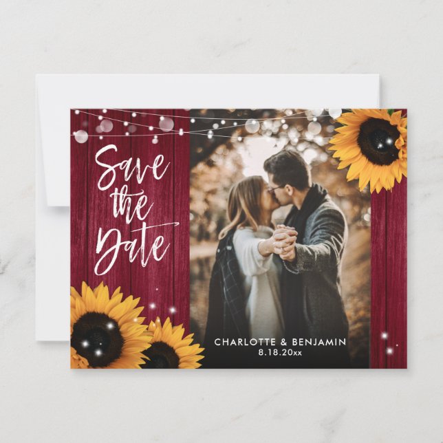 Rustikales Sonnenblumenwald Burgundy Wedding Foto Save The Date (Vorderseite)