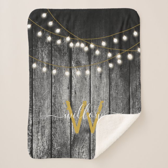 Rustikales Stall Black Wood Gold String Lights Mon Sherpadecke (Vorderseite)