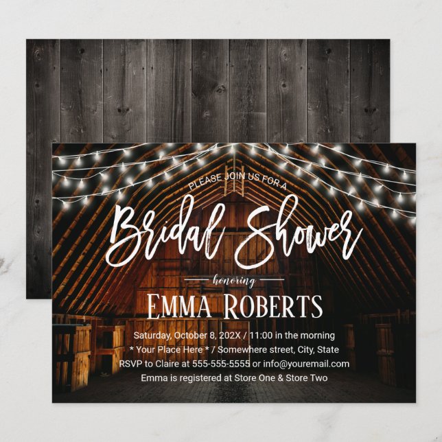 Rustikales Stall Wedding String Lights Brautparty Einladung (Vorne/Hinten)