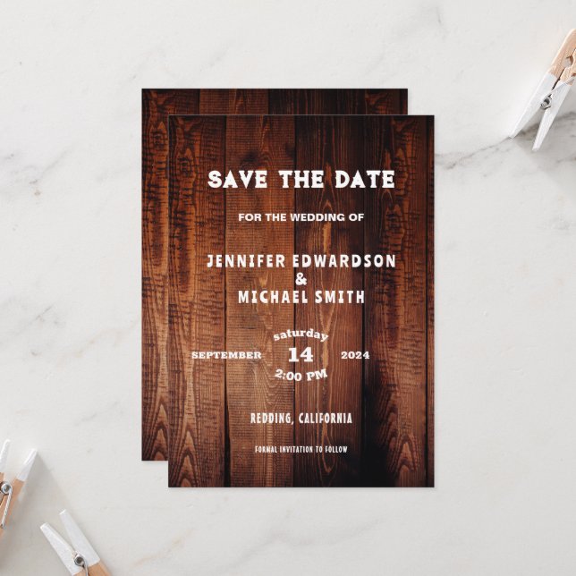 Rustikales Stallenholz - Hochzeit Save the Date Einladung (Vorderseite/Rückseite Beispiel)