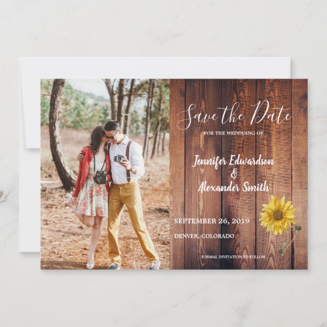Rustikales Stallenholz Sonnenblumen Foto Land Save The Date (Vorderseite)
