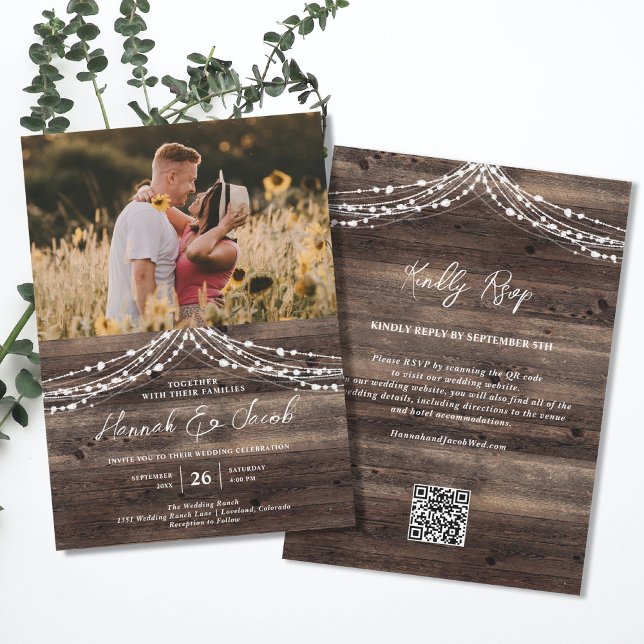 Rustikales Stallenholz-String-Light QR-Code-UAWG W Einladung (Rustic Wood String Lights QR  RSVP Wedding Invitations)