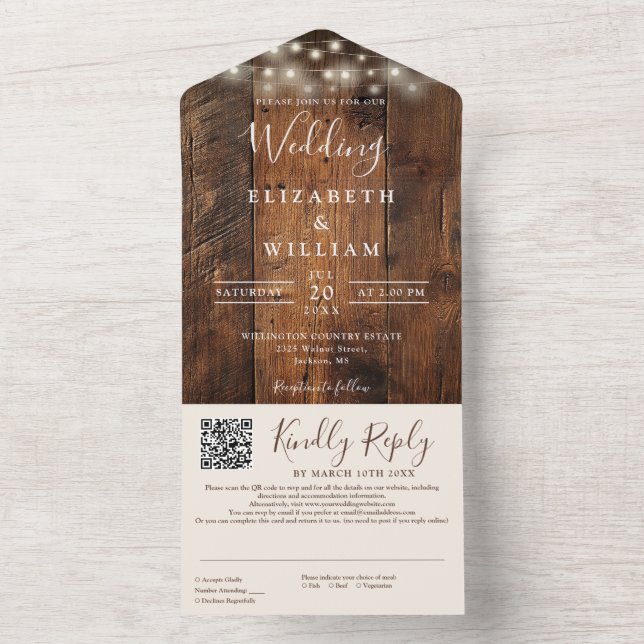 Rustikales Stallenholz-String-Lights QR-Hochzeitss All In One Einladung (Innen)