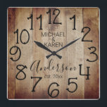 Rustikales Stallholz-Bauernhaus Quadratische Wanduhr<br><div class="desc">Ein rustikales, einzigartiges, einzigartiges personalisiertes Design mit einem Imitat-Holzhintergrund und den Worten "MICHAEL & KAREN Anderson est. 20XX" in schwarzer Typografie. Personalisieren Sie diese Uhr, indem Sie Ihre persönlichen Daten hinzufügen. Macht eine große Hochzeit, Jahrestag oder Hauswärme Geschenk. Klicken Sie auf "Personalisieren Sie diese Vorlage", um die Namen und Schriftart...</div>