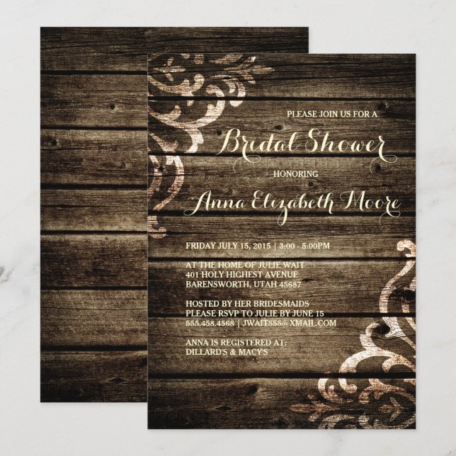 Rustikales Stallholz Damask Vintages Brautparty Einladung (Vorne/Hinten)