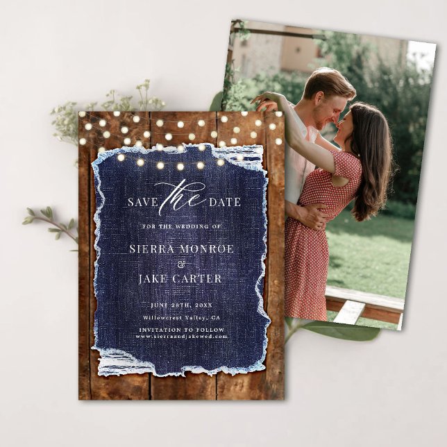 Rustikales Stallholz Denim Foto Hochzeitstag Rett  Einladung (rustic wedding save the date barn wood denim string lights ranch country western backyard white blue)