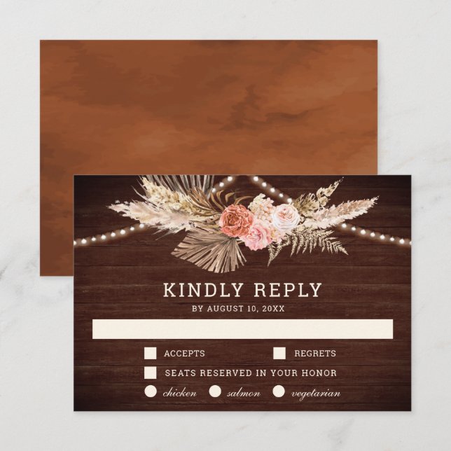 Rustikales Stallholz Erde floral Boho Pampas Weddi RSVP Karte (Vorne/Hinten)