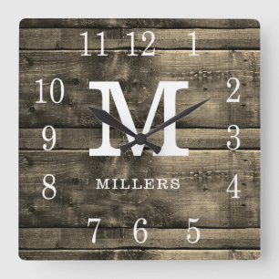 Rustikales Stallholz Familienname Monogramm Bauern Quadratische Wanduhr