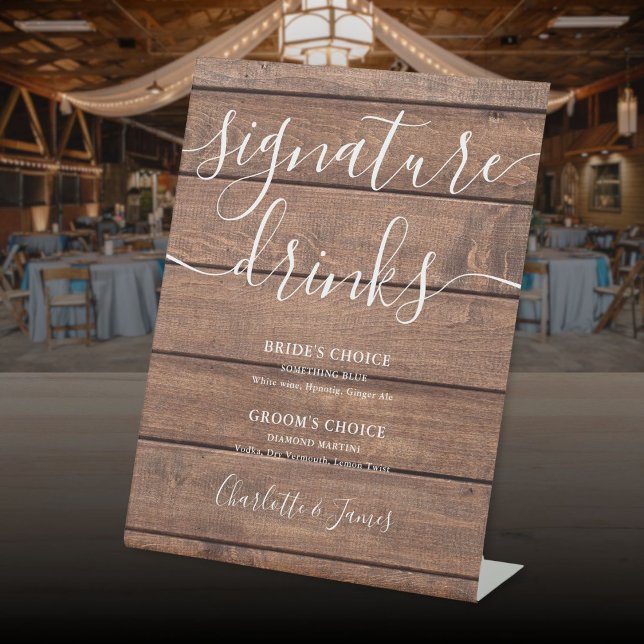 Rustikales Stallholz-Hochzeitssignatur Getränke Sockelschild (Rustic Barn Wood Wedding Signature Drinks Pedestal Sign)