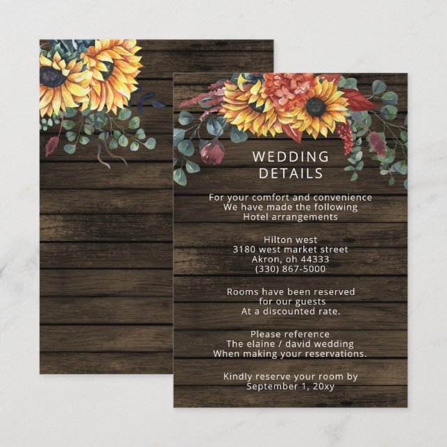 Rustikales Stallholz Land Sonnenblumen Hochzeit Begleitkarte (Vorne/Hinten)