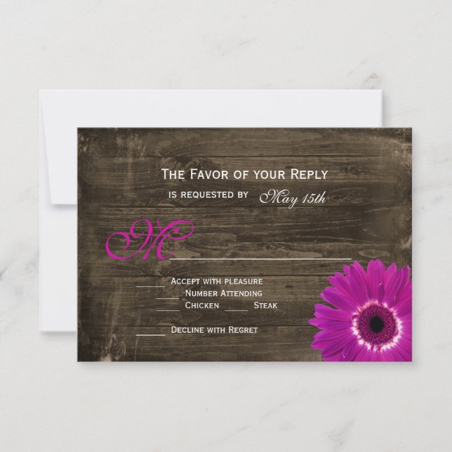Rustikales Stallholz Lila Daisy Wedding RSVP Karte (Vorderseite)