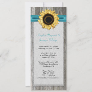 Rustikales Stallholz Sonnenblumen Aquamarine Ribbo Einladung