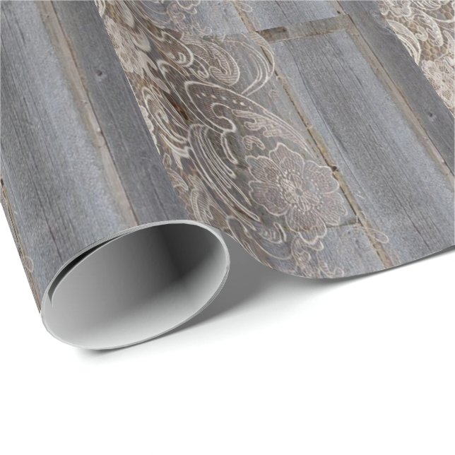 Rustikales Stallholz Spitzenplatz Western Hochzeit Geschenkpapier (Rolleneckpunkt)