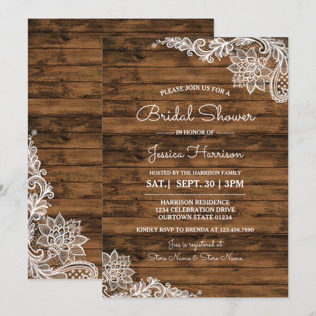 Rustikales Stallholz und Spitzen-Bridal-Dusche Ein Einladung (Vorne/Hinten)