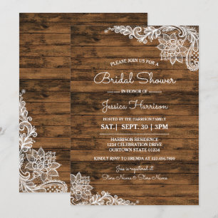 Rustikales Stallholz und Spitzen-Bridal-Dusche Ein Einladung