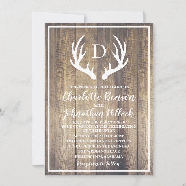 Rustikales Stallholz & Weiße Hirsche Hochzeit Einladung (Vorderseite)