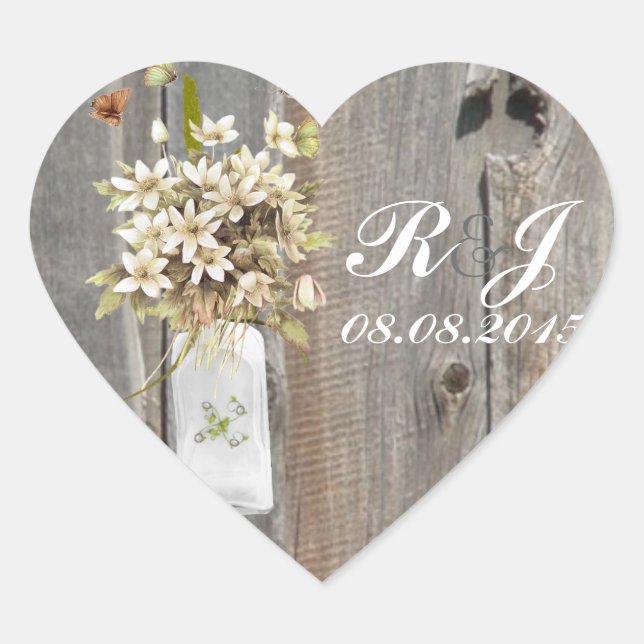 Rustikales Stallholz Wildblume Hochzeit Herz-Aufkleber (Vorderseite)