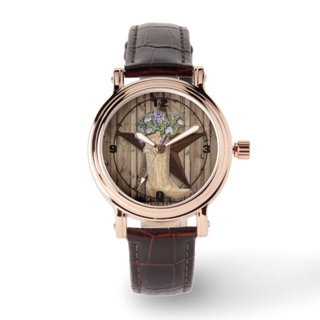 rustikales Stallholz Wildblume Western Cowboy Armbanduhr (Vorderseite)
