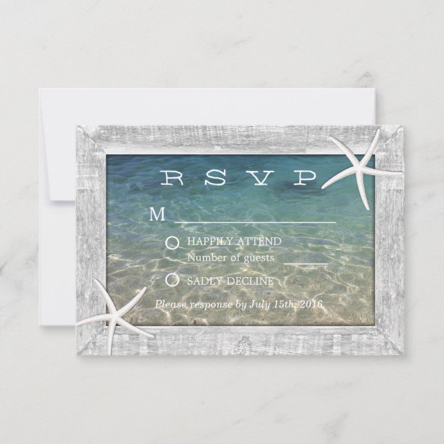 Rustikales Starfish Wood Gerahmt Beach Wedding UAW RSVP Karte (Vorderseite)