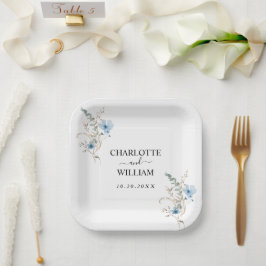 rustikales staubiges Blaut Wasserfarben-Blumenbouq Pappteller