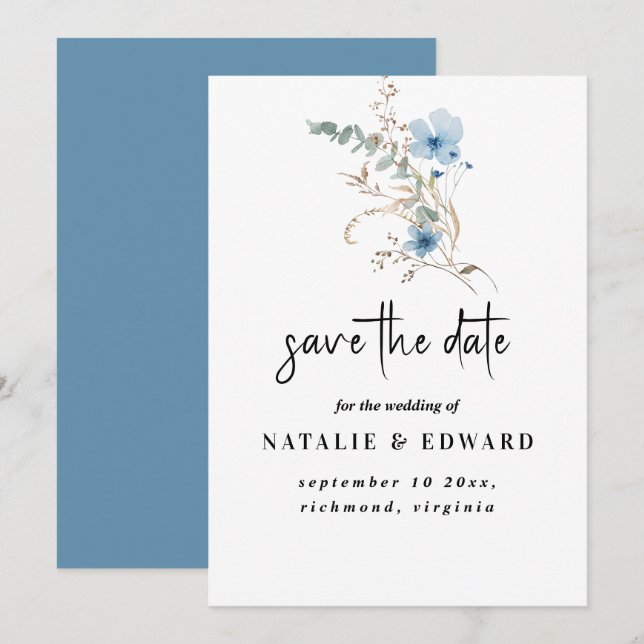 rustikales staubiges Blaut Wasserfarben-Blumenbouq Save The Date (Vorne/Hinten)