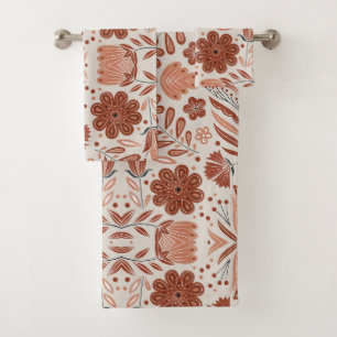 Rustikales stilisiertes Terracotta Blumenmuster Badhandtuch Set