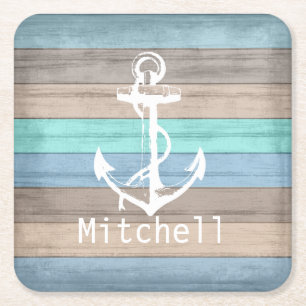 Rustikales Strandholz Nautical Stripes & Anchor Rechteckiger Pappuntersetzer