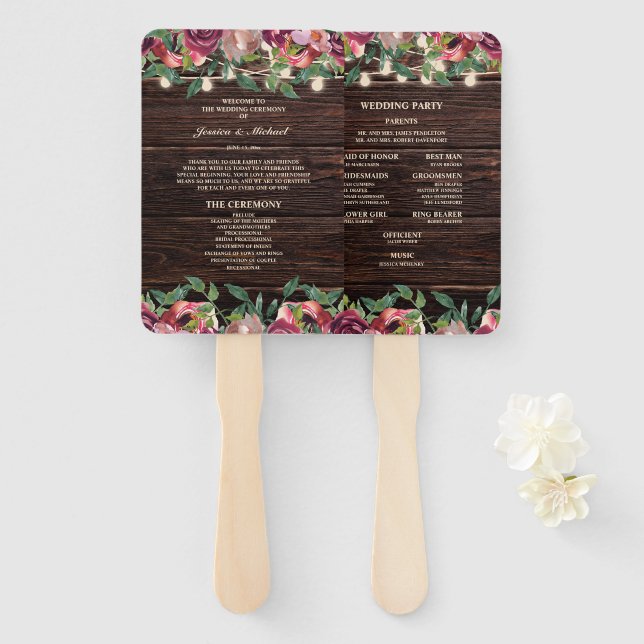 Rustikales String Lights Burgund Floral Programm Fächer (Vorne und Hinten)