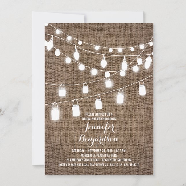 Rustikales String Lights Burlap-Brautparty Einladung (Vorderseite)