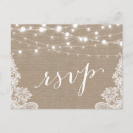 Rustikales String Lights Burlap Lace Wedding RSVP Einladungspostkarte