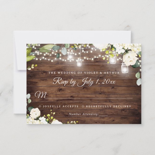 Rustikales String Lights Floral Wedding RSVP Einladung (Vorderseite)