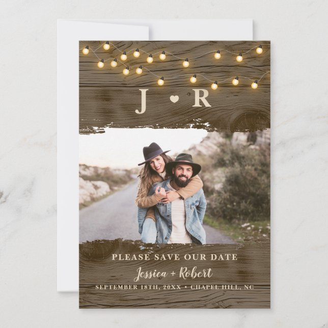 Rustikales String Lights-Foto Save the Date Einladung (Vorderseite)