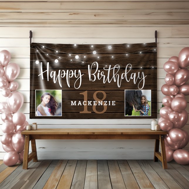Rustikales String Lights Holz 18. Geburtstag Foto Banner (Rustic String Lights Wood  Birthday Photo Banner)