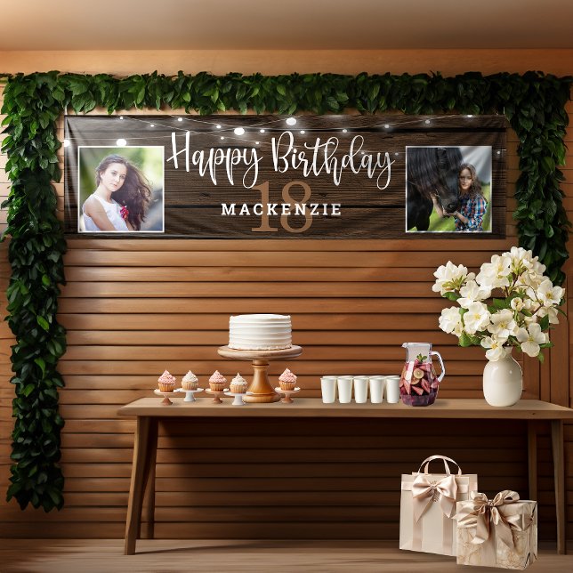 Rustikales String Lights Holz 18. Geburtstag Foto Banner (Rustic String Lights Wood 18th Birthday Photo Banner)