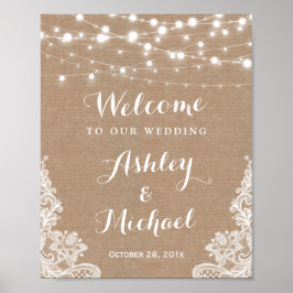 Rustikales String Lights Lace Burlap Wedding Sign Poster