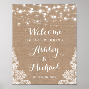 Rustikales String Lights Lace Burlap Wedding Sign Poster