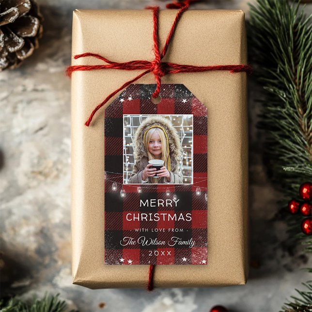 Rustikales String Lights Schneeflocken Kariertes F Geschenkanhänger (Von Creator hochgeladen)